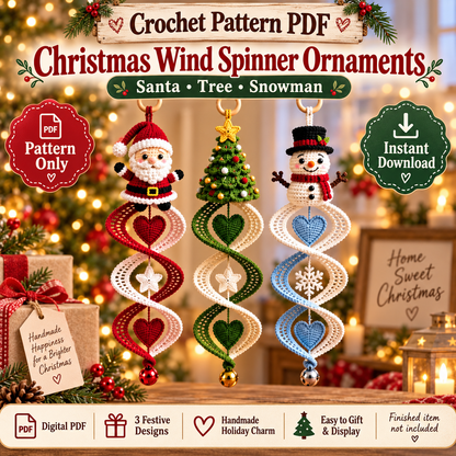 3-in-1 Christmas Wind Spinner Crochet Pattern PDF | Santa, Christmas Tree & Snowman Spiral Ornaments | Holiday Hanging Decor | Instant Download
