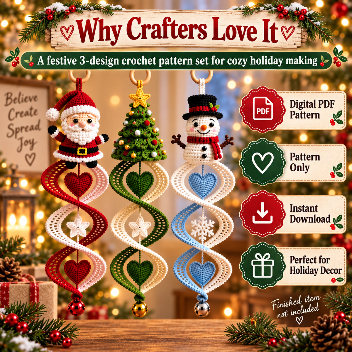 3-in-1 Christmas Wind Spinner Crochet Pattern PDF | Santa, Christmas Tree & Snowman Spiral Ornaments | Holiday Hanging Decor | Instant Download