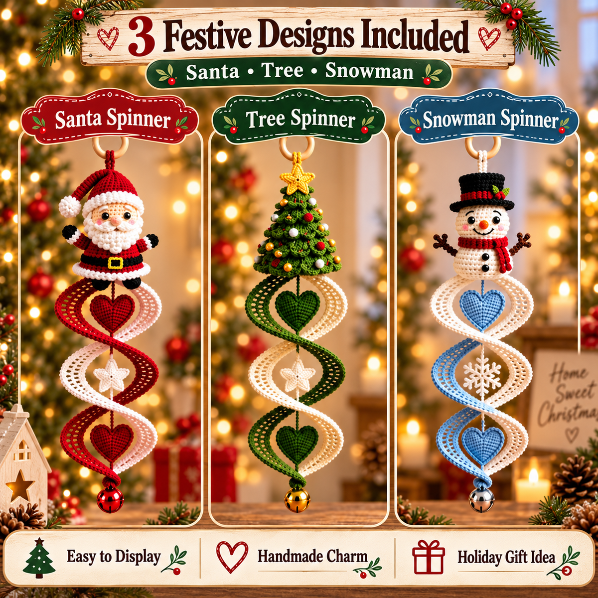 3-in-1 Christmas Wind Spinner Crochet Pattern PDF | Santa, Christmas Tree & Snowman Spiral Ornaments | Holiday Hanging Decor | Instant Download