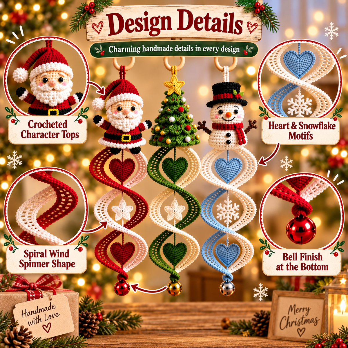 3-in-1 Christmas Wind Spinner Crochet Pattern PDF | Santa, Christmas Tree & Snowman Spiral Ornaments | Holiday Hanging Decor | Instant Download