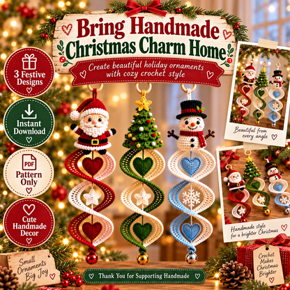 3-in-1 Christmas Wind Spinner Crochet Pattern PDF | Santa, Christmas Tree & Snowman Spiral Ornaments | Holiday Hanging Decor | Instant Download