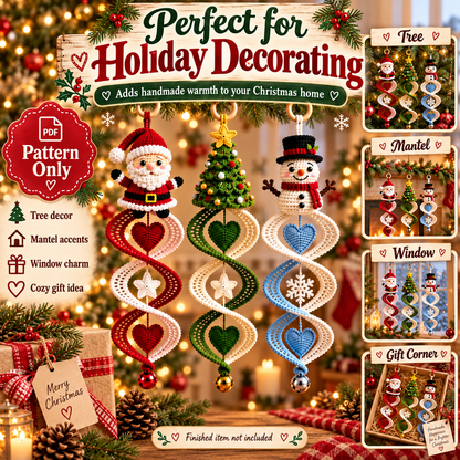 3-in-1 Christmas Wind Spinner Crochet Pattern PDF | Santa, Christmas Tree & Snowman Spiral Ornaments | Holiday Hanging Decor | Instant Download