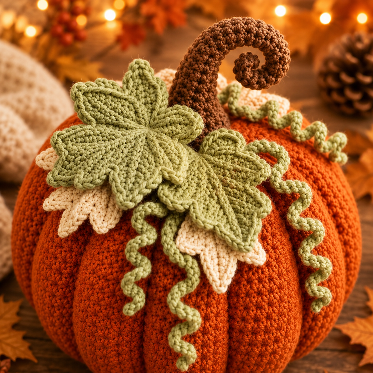 Crochet Pumpkin Pattern PDF | 3-Size Amigurumi Harvest Pumpkin | Layered Leaf & Curly Vine Fall Decor | Thanksgiving Crochet Pattern | Digital Download