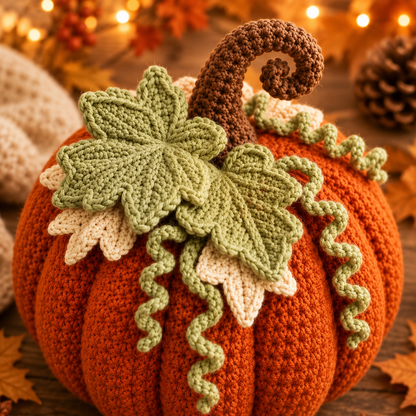 Crochet Pumpkin Pattern PDF | 3-Size Amigurumi Harvest Pumpkin | Layered Leaf & Curly Vine Fall Decor | Thanksgiving Crochet Pattern | Digital Download