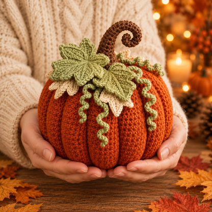 Crochet Pumpkin Pattern PDF | 3-Size Amigurumi Harvest Pumpkin | Layered Leaf & Curly Vine Fall Decor | Thanksgiving Crochet Pattern | Digital Download