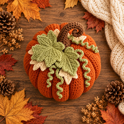 Crochet Pumpkin Pattern PDF | 3-Size Amigurumi Harvest Pumpkin | Layered Leaf & Curly Vine Fall Decor | Thanksgiving Crochet Pattern | Digital Download