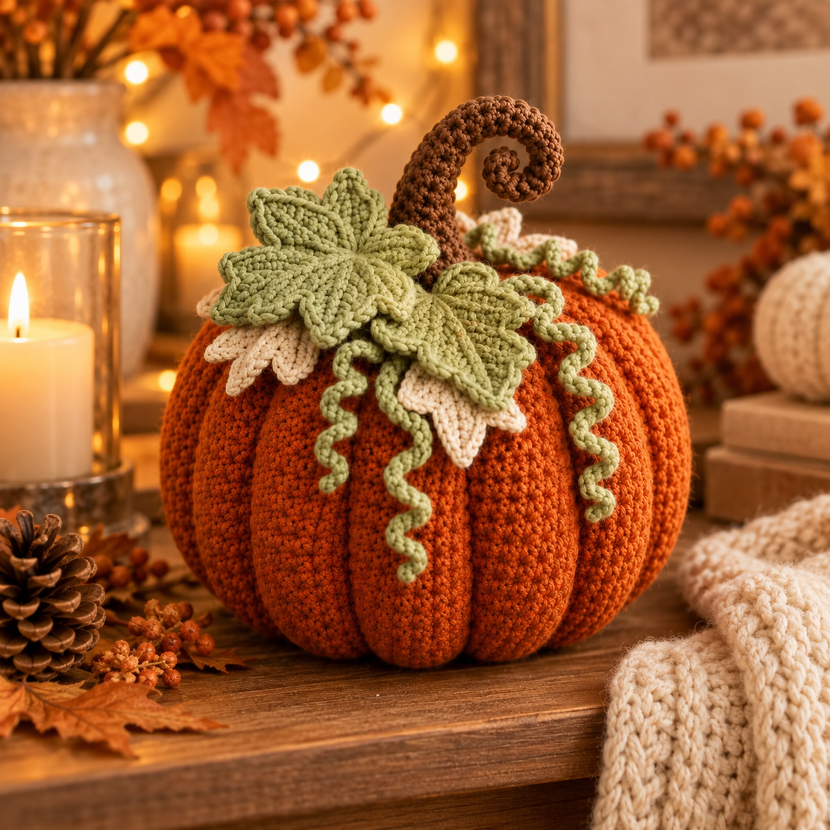 Crochet Pumpkin Pattern PDF | 3-Size Amigurumi Harvest Pumpkin | Layered Leaf & Curly Vine Fall Decor | Thanksgiving Crochet Pattern | Digital Download