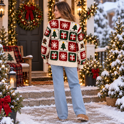 Noelle Christmas Granny Square Cardigan Crochet Pattern PDF | Holiday Crochet Sweater Pattern | Snowflake Tree Gift Motif Cardigan | Christmas Wearable | Digital Download