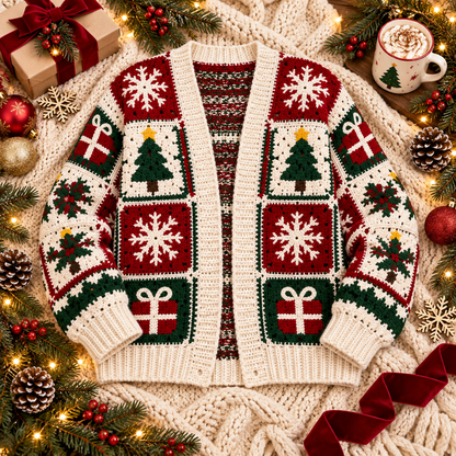 Noelle Christmas Granny Square Cardigan Crochet Pattern PDF | Holiday Crochet Sweater Pattern | Snowflake Tree Gift Motif Cardigan | Christmas Wearable | Digital Download