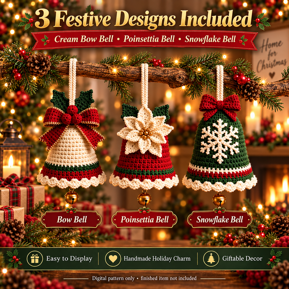 3-in-1 Christmas Bell Crochet Pattern PDF | Bow, Poinsettia & Snowflake Ornaments | 3D Holiday Tree Decor | Instant Download