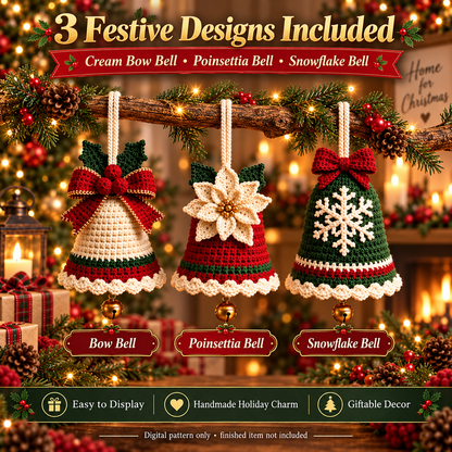 3-in-1 Christmas Bell Crochet Pattern PDF | Bow, Poinsettia & Snowflake Ornaments | 3D Holiday Tree Decor | Instant Download