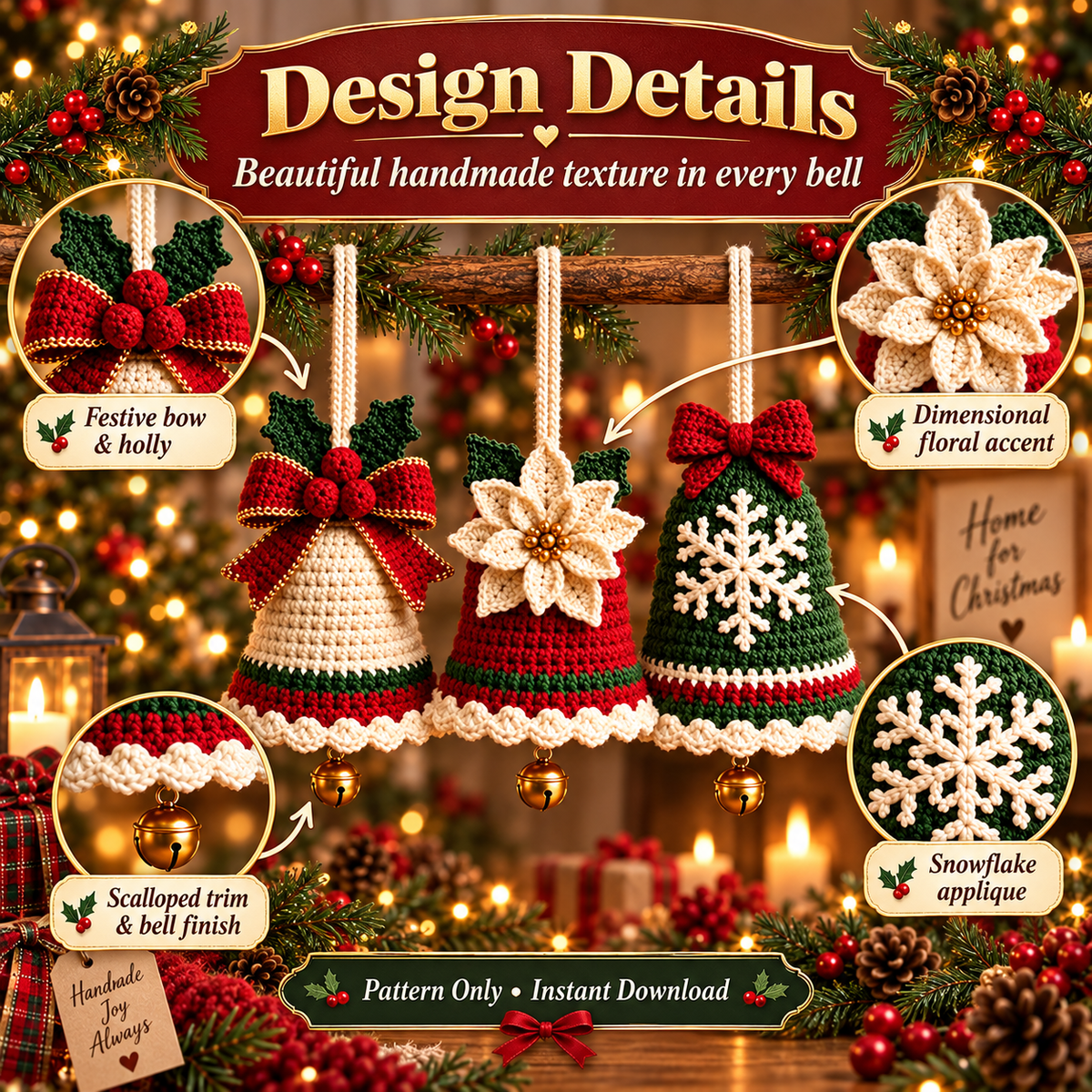3-in-1 Christmas Bell Crochet Pattern PDF | Bow, Poinsettia & Snowflake Ornaments | 3D Holiday Tree Decor | Instant Download