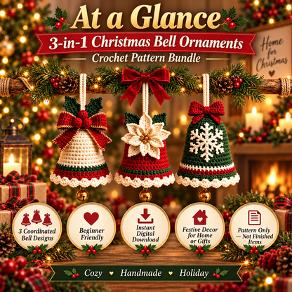 3-in-1 Christmas Bell Crochet Pattern PDF | Bow, Poinsettia & Snowflake Ornaments | 3D Holiday Tree Decor | Instant Download