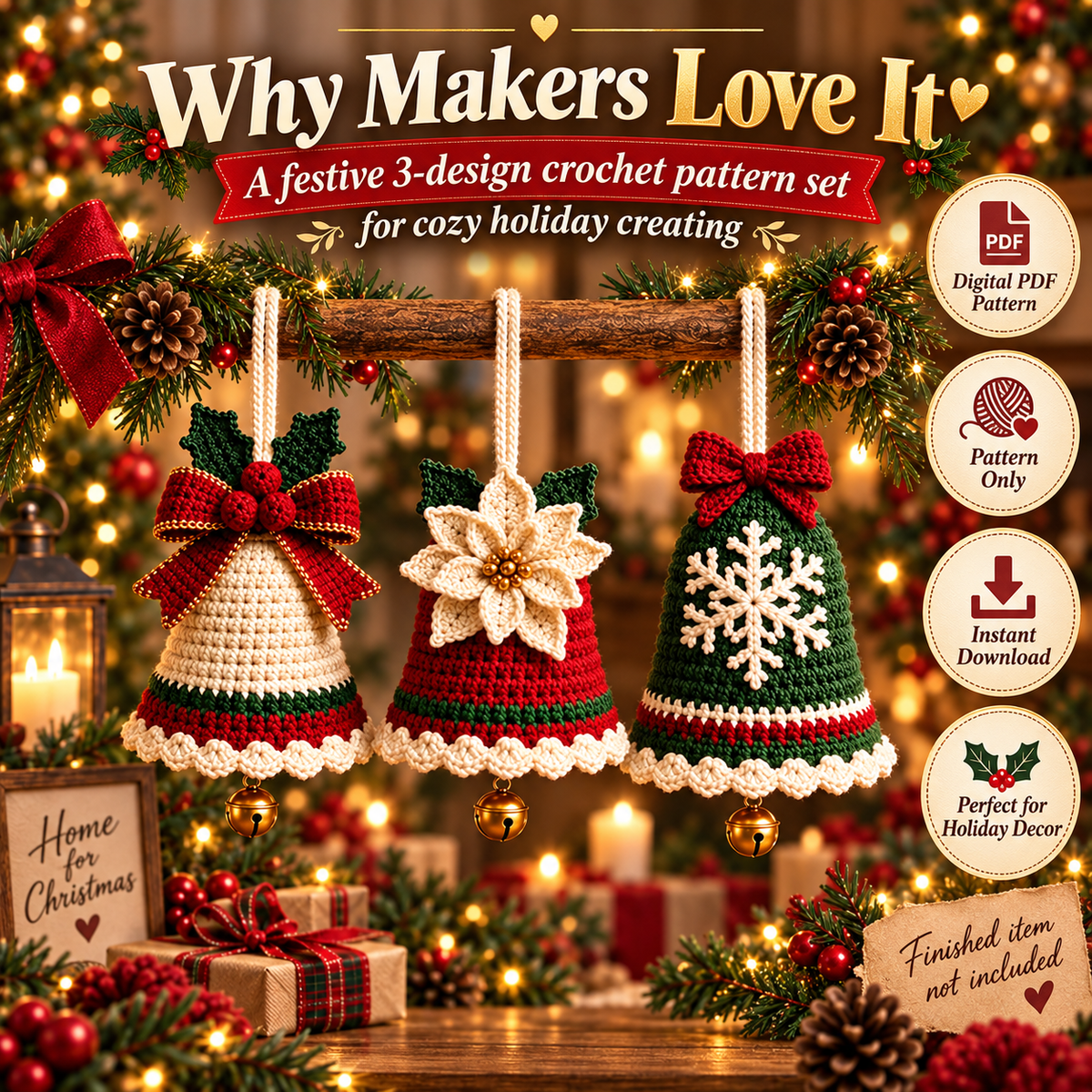 3-in-1 Christmas Bell Crochet Pattern PDF | Bow, Poinsettia & Snowflake Ornaments | 3D Holiday Tree Decor | Instant Download