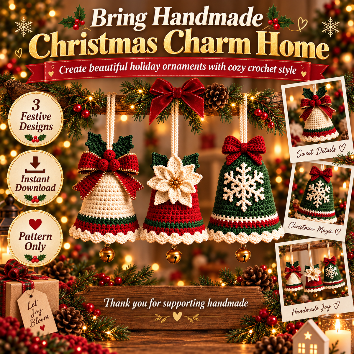 3-in-1 Christmas Bell Crochet Pattern PDF | Bow, Poinsettia & Snowflake Ornaments | 3D Holiday Tree Decor | Instant Download