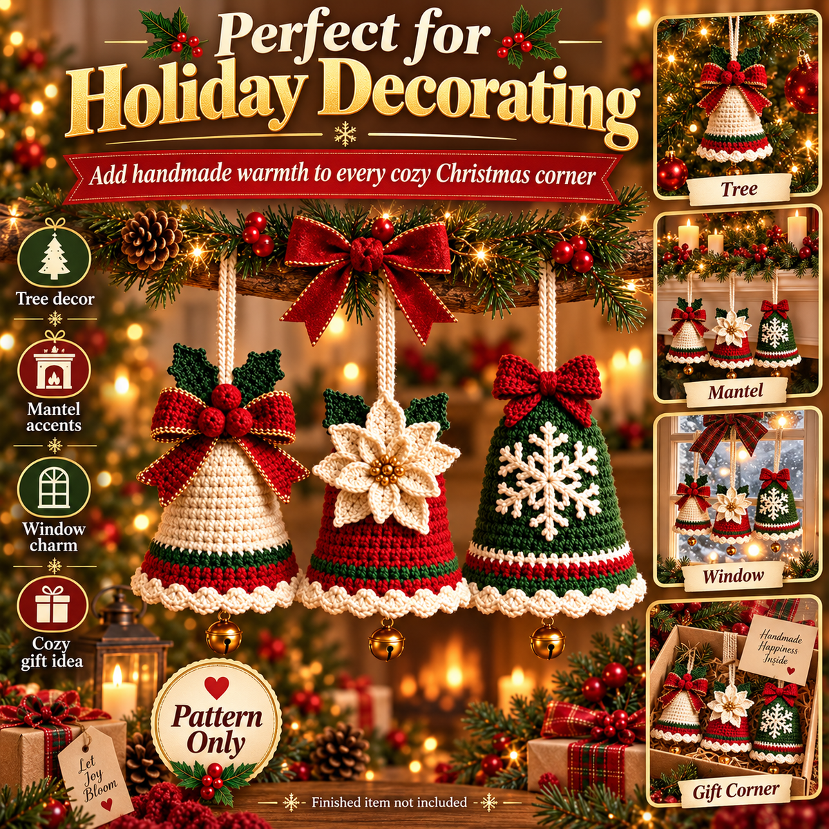 3-in-1 Christmas Bell Crochet Pattern PDF | Bow, Poinsettia & Snowflake Ornaments | 3D Holiday Tree Decor | Instant Download