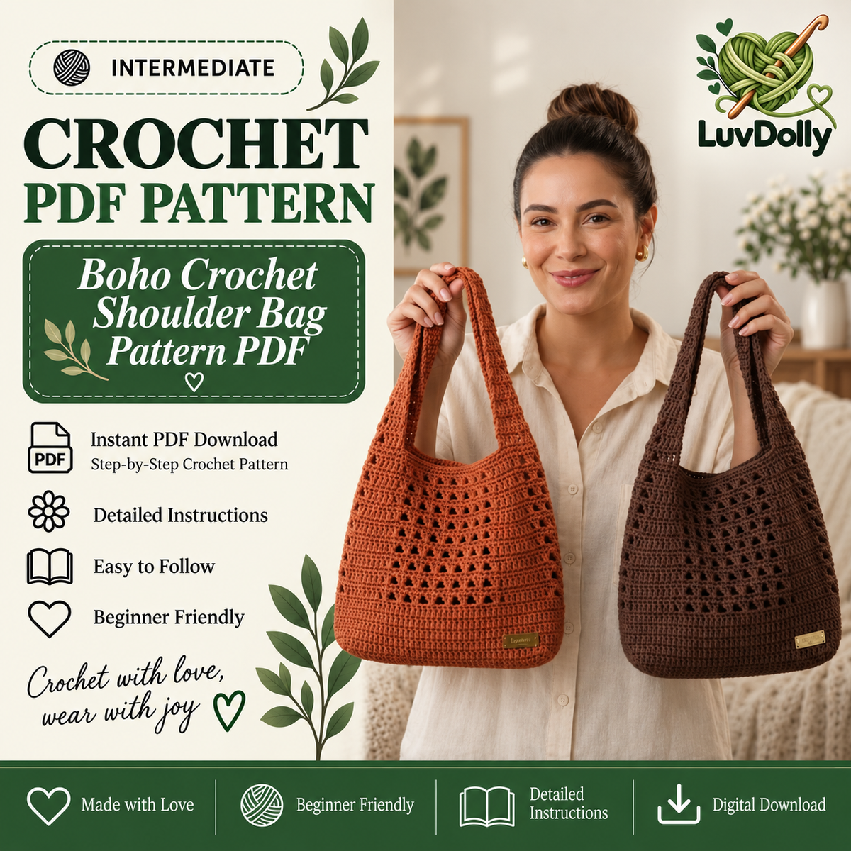 Boho Crochet Shoulder Bag Pattern PDF | Granny Stitch Tote Bag | Crochet Purse & Everyday Handbag Pattern | Instant Digital Download