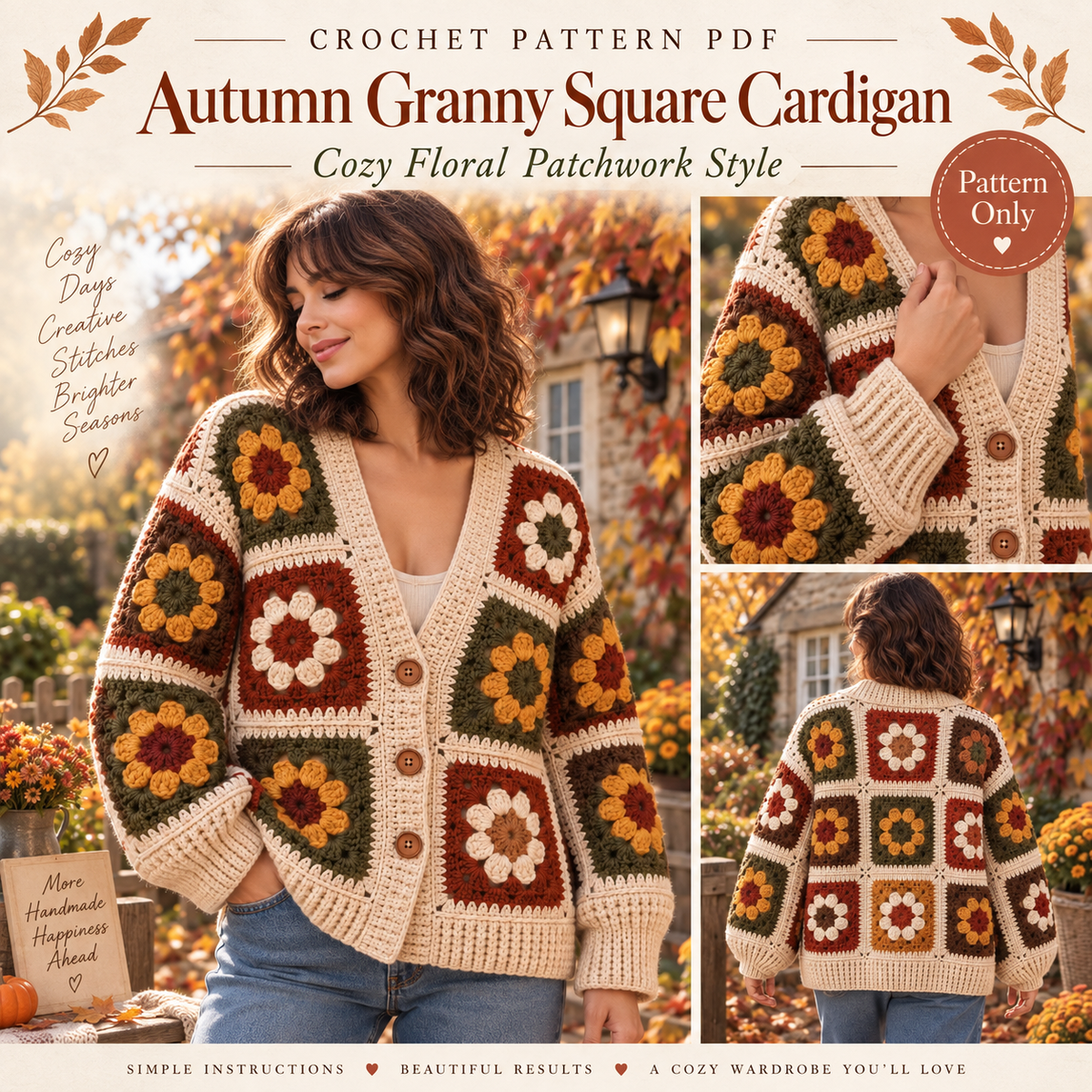 Autumn Granny Square Cardigan Crochet Pattern PDF | Floral Patchwork Sweater with V-Neck | Cozy Fall Crochet | Digital Download