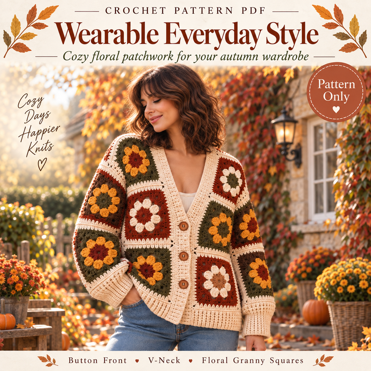 Autumn Granny Square Cardigan Crochet Pattern PDF | Floral Patchwork Sweater with V-Neck | Cozy Fall Crochet | Digital Download