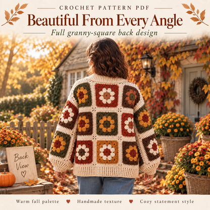 Autumn Granny Square Cardigan Crochet Pattern PDF | Floral Patchwork Sweater with V-Neck | Cozy Fall Crochet | Digital Download