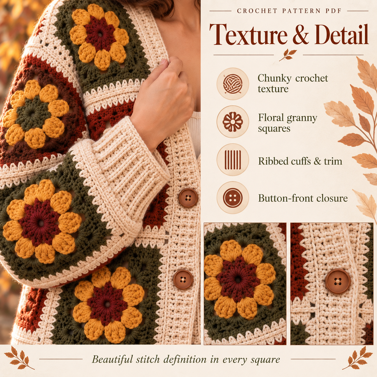 Autumn Granny Square Cardigan Crochet Pattern PDF | Floral Patchwork Sweater with V-Neck | Cozy Fall Crochet | Digital Download
