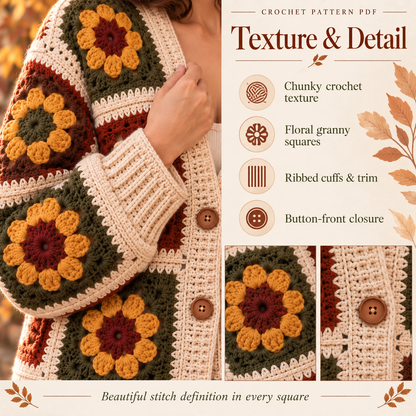 Autumn Granny Square Cardigan Crochet Pattern PDF | Floral Patchwork Sweater with V-Neck | Cozy Fall Crochet | Digital Download