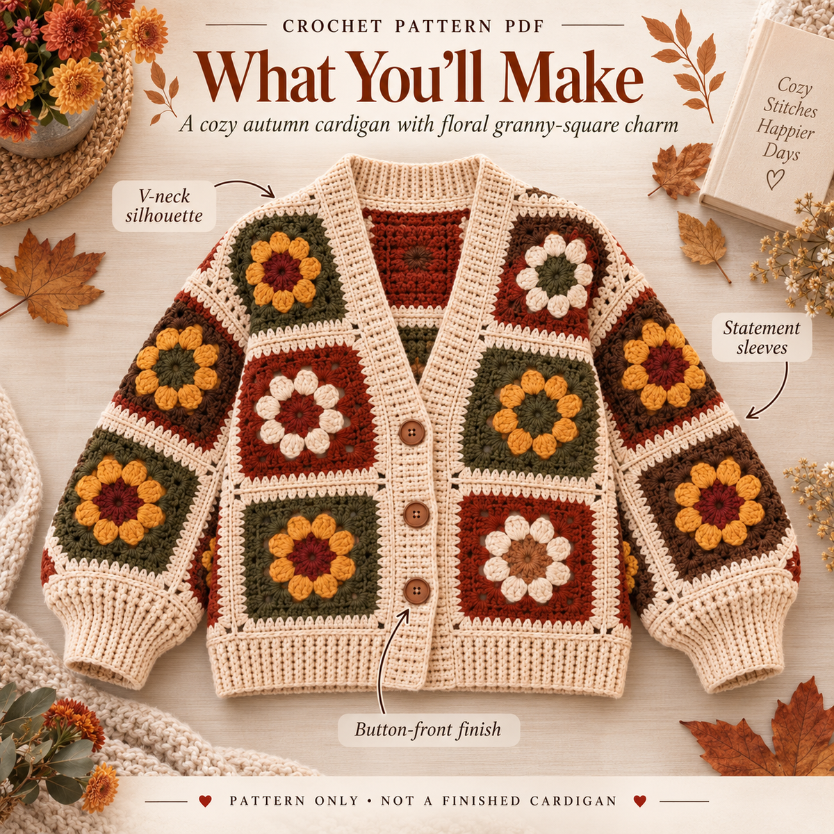 Autumn Granny Square Cardigan Crochet Pattern PDF | Floral Patchwork Sweater with V-Neck | Cozy Fall Crochet | Digital Download
