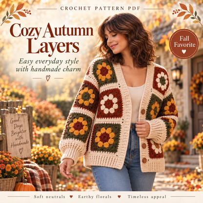 Autumn Granny Square Cardigan Crochet Pattern PDF | Floral Patchwork Sweater with V-Neck | Cozy Fall Crochet | Digital Download