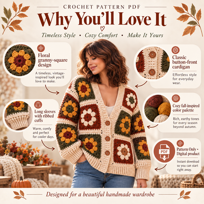 Autumn Granny Square Cardigan Crochet Pattern PDF | Floral Patchwork Sweater with V-Neck | Cozy Fall Crochet | Digital Download