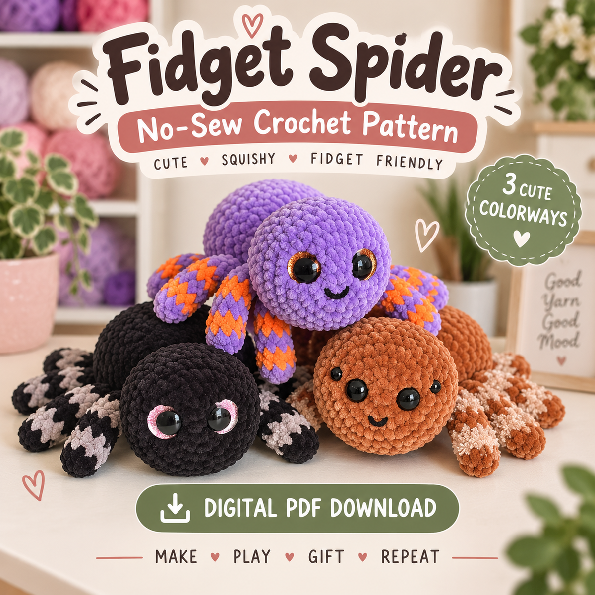 No-Sew Fidget Spider Crochet Pattern PDF | Weighted Amigurumi Spider with Optional Snapping Legs | Cute Halloween Plush Pattern | Digital Download