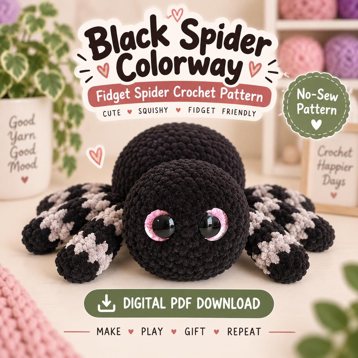 No-Sew Fidget Spider Crochet Pattern PDF | Weighted Amigurumi Spider with Optional Snapping Legs | Cute Halloween Plush Pattern | Digital Download