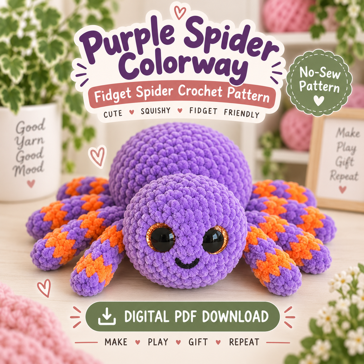No-Sew Fidget Spider Crochet Pattern PDF | Weighted Amigurumi Spider with Optional Snapping Legs | Cute Halloween Plush Pattern | Digital Download