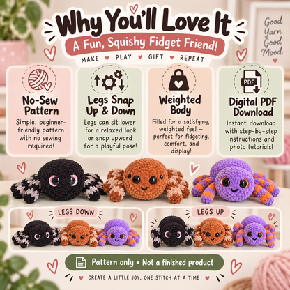 No-Sew Fidget Spider Crochet Pattern PDF | Weighted Amigurumi Spider with Optional Snapping Legs | Cute Halloween Plush Pattern | Digital Download
