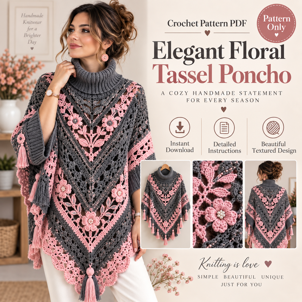 Elegant Floral Poncho Crochet Pattern PDF | Women’s Turtleneck Poncho with Flowers & Tassels | Boho Crochet Clothing | Digital Download