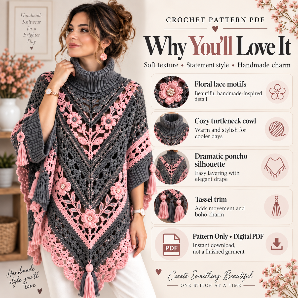 Elegant Floral Poncho Crochet Pattern PDF | Women’s Turtleneck Poncho with Flowers & Tassels | Boho Crochet Clothing | Digital Download