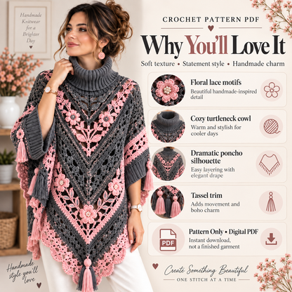Elegant Floral Poncho Crochet Pattern PDF | Women’s Turtleneck Poncho with Flowers & Tassels | Boho Crochet Clothing | Digital Download
