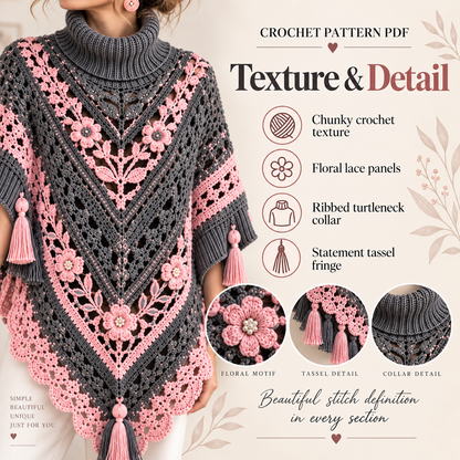 Elegant Floral Poncho Crochet Pattern PDF | Women’s Turtleneck Poncho with Flowers & Tassels | Boho Crochet Clothing | Digital Download