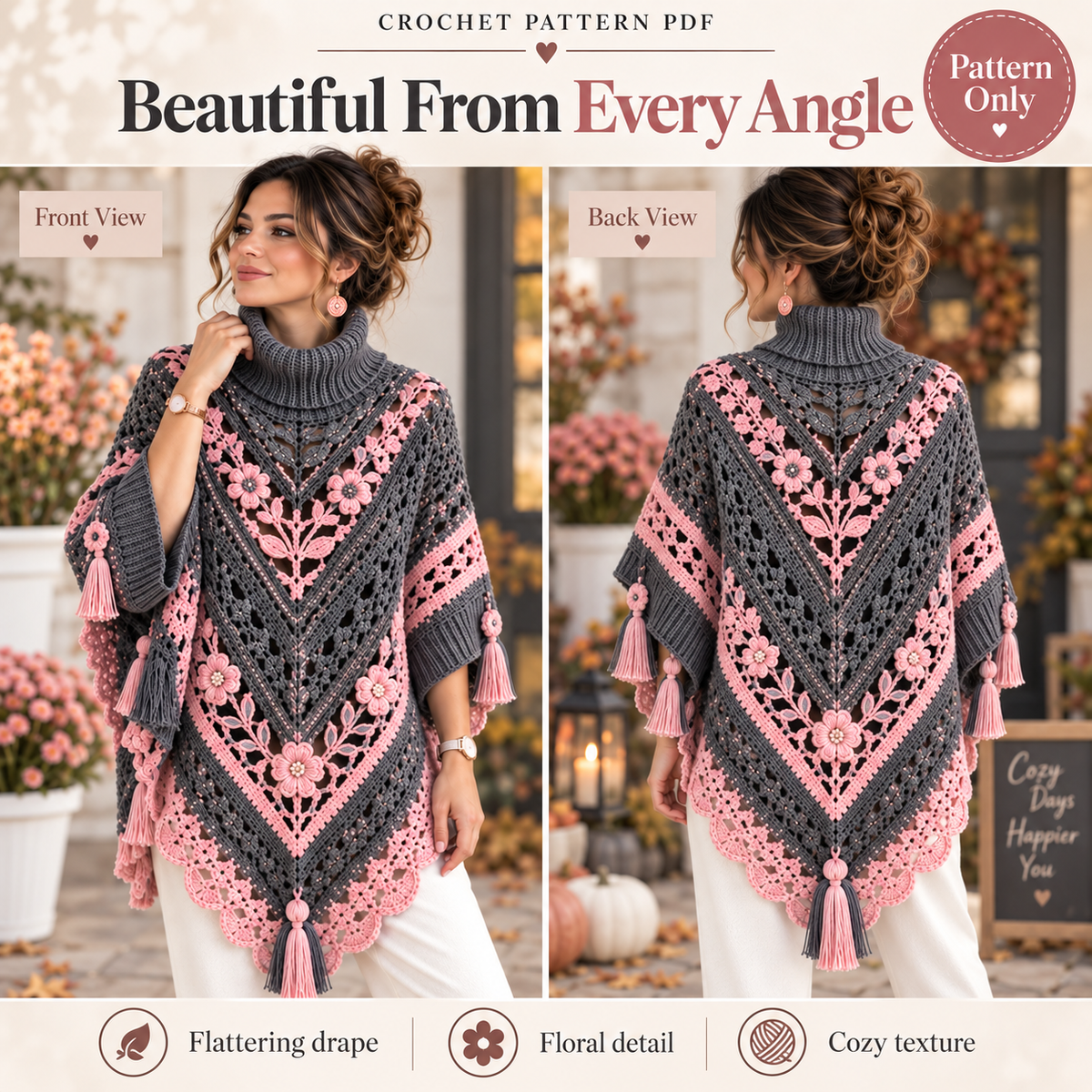 Elegant Floral Poncho Crochet Pattern PDF | Women’s Turtleneck Poncho with Flowers & Tassels | Boho Crochet Clothing | Digital Download