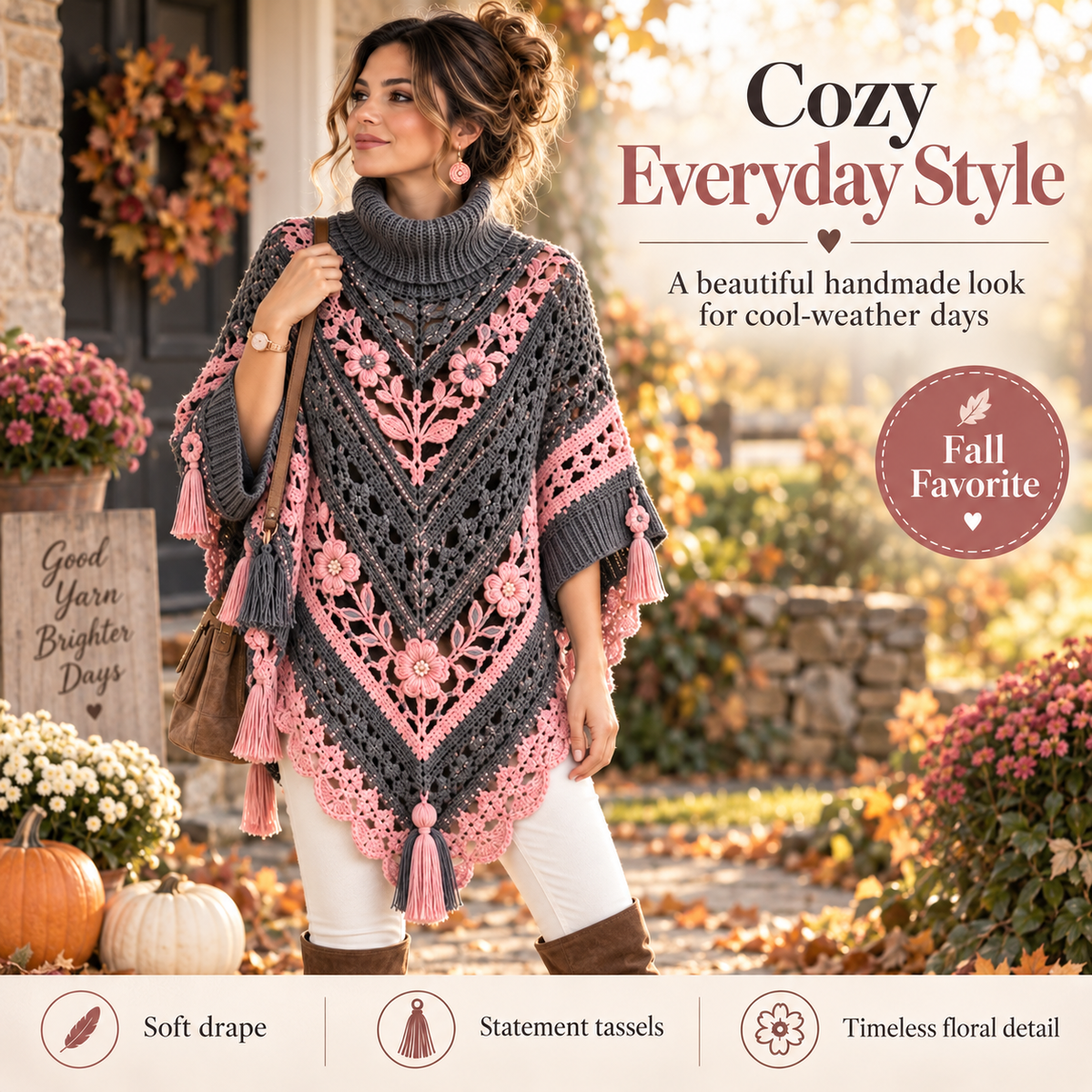 Elegant Floral Poncho Crochet Pattern PDF | Women’s Turtleneck Poncho with Flowers & Tassels | Boho Crochet Clothing | Digital Download