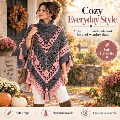 Elegant Floral Poncho Crochet Pattern PDF | Women’s Turtleneck Poncho with Flowers & Tassels | Boho Crochet Clothing | Digital Download