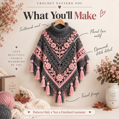 Elegant Floral Poncho Crochet Pattern PDF | Women’s Turtleneck Poncho with Flowers & Tassels | Boho Crochet Clothing | Digital Download