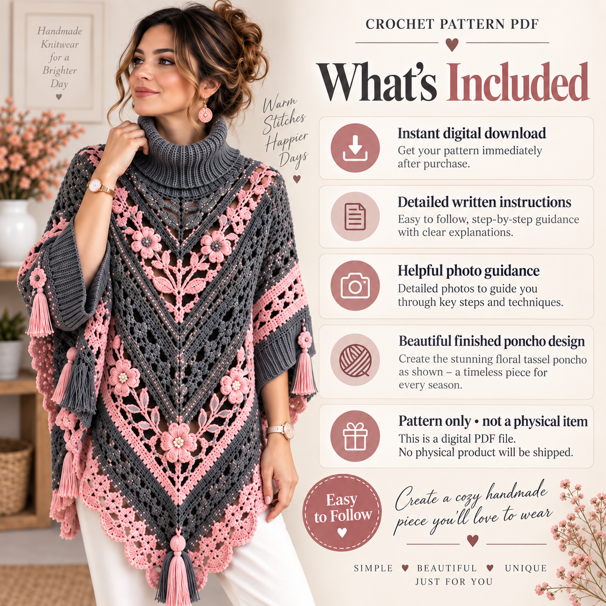 Elegant Floral Poncho Crochet Pattern PDF | Women’s Turtleneck Poncho with Flowers & Tassels | Boho Crochet Clothing | Digital Download