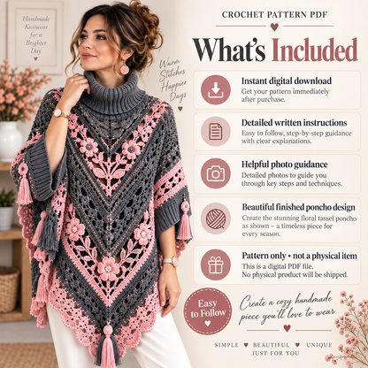 Elegant Floral Poncho Crochet Pattern PDF | Women’s Turtleneck Poncho with Flowers & Tassels | Boho Crochet Clothing | Digital Download