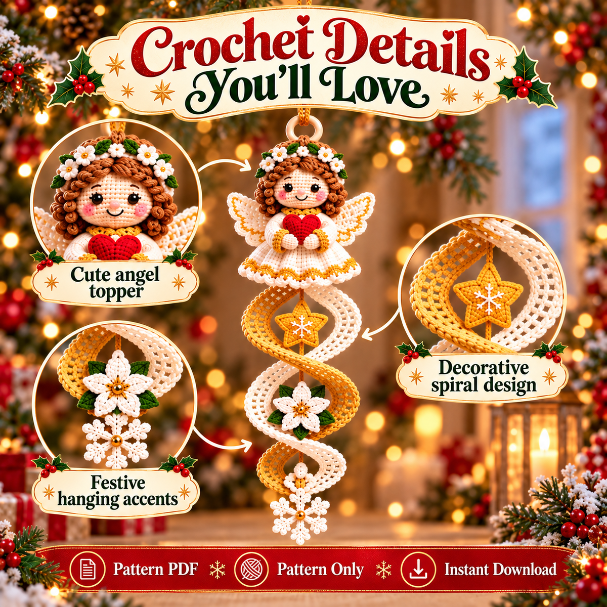 Christmas Angel Spiral Crochet Pattern PDF | Hanging Angel Ornaments | Holiday Tree & Window Decor | Digital Download