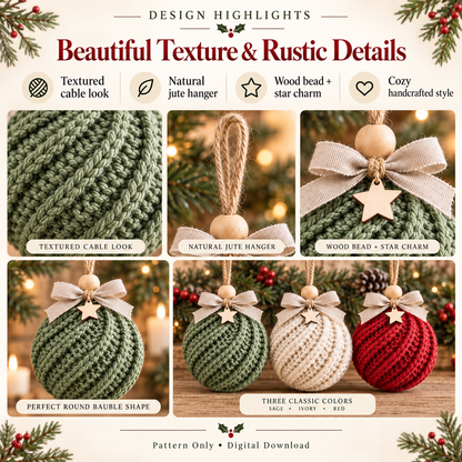 Crochet Christmas Bauble Pattern PDF | Twisted-Rib Tree Ornament with Wooden Bead & Linen Bow | Holiday Crochet Decor | Instant Download