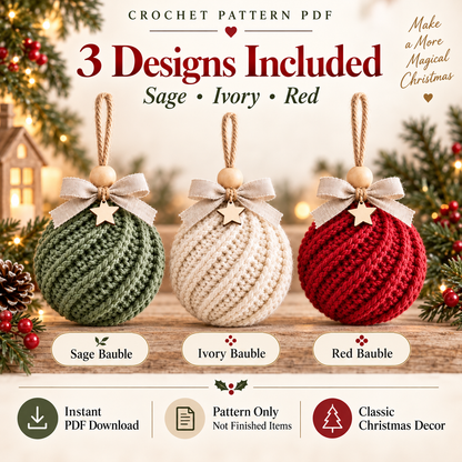 Crochet Christmas Bauble Pattern PDF | Twisted-Rib Tree Ornament with Wooden Bead & Linen Bow | Holiday Crochet Decor | Instant Download