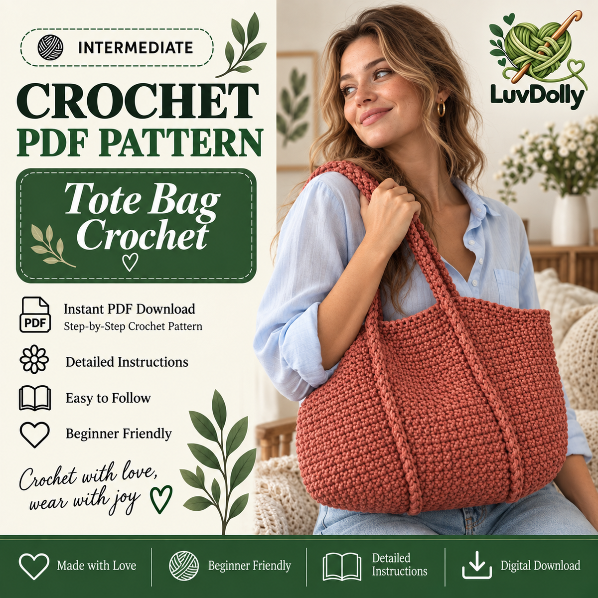 Crochet Tote Bag Pattern PDF | Everyday Shoulder Bag | Handmade Market & Summer Purse | Easy Crochet Bag Digital Download