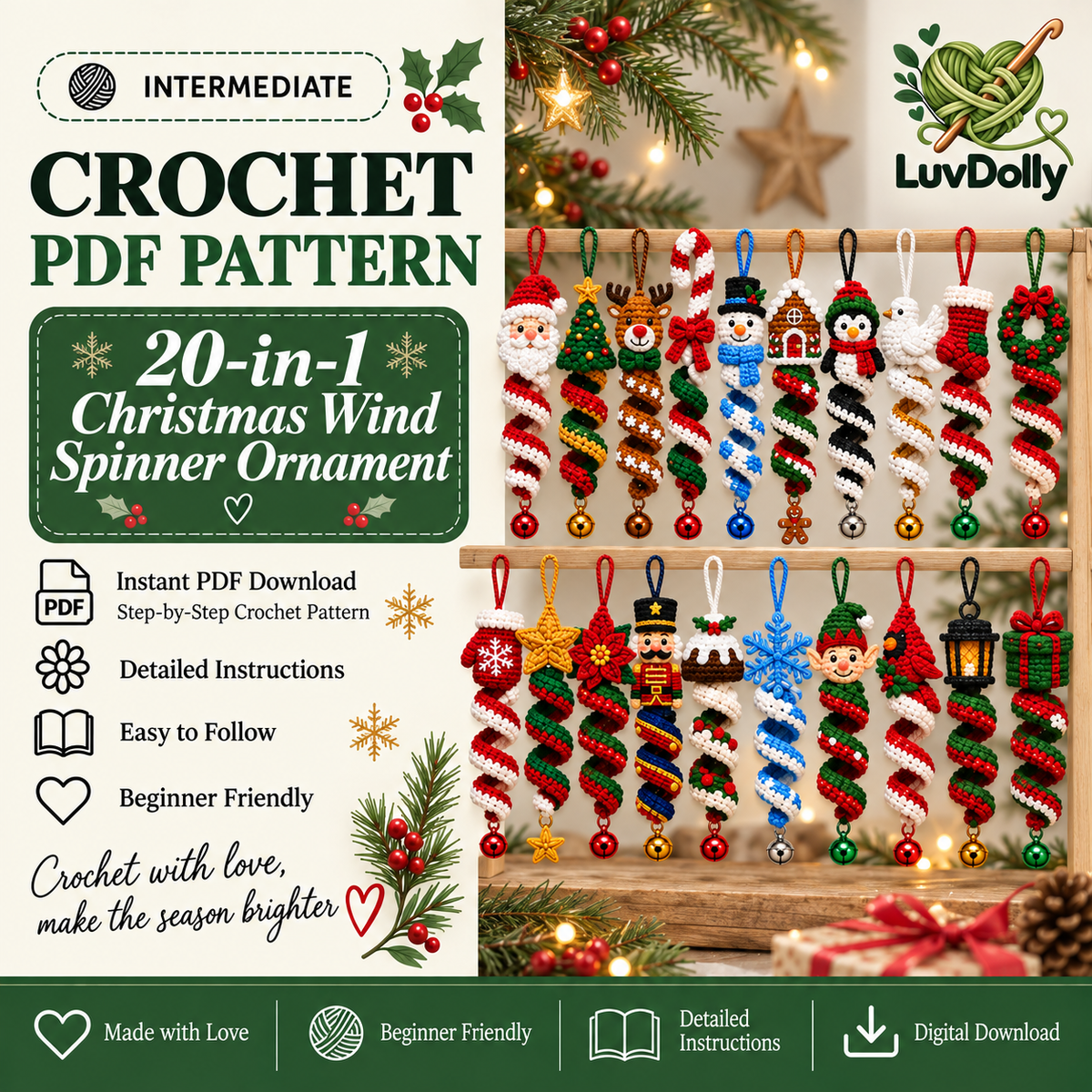 20-in-1 Christmas Spiral Ornament Crochet Pattern Bundle PDF | Santa Snowman Reindeer Elf Wind Spinner | Holiday Hanging Decor | EN & DE
