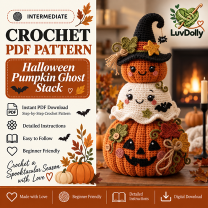 Halloween Pumpkin Ghost Stack Crochet Pattern PDF | Cute Amigurumi Witch & Jack O Lantern | Fall Halloween Decor | Instant Download
