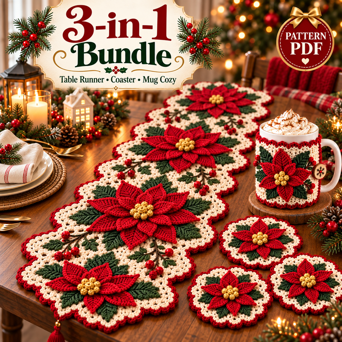 Poinsettia Christmas Crochet Pattern Bundle PDF | Table Runner, Mug Cozy & Coaster Set | Holiday Home Decor | Digital Download